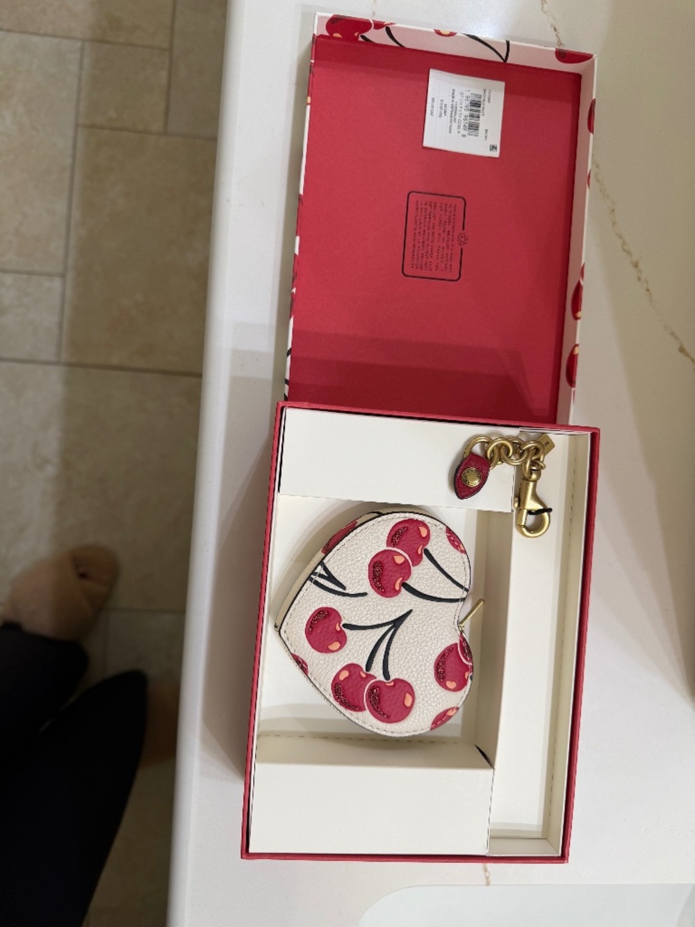 Coach Boxed Cherry Print Leather Heart Coin Purse